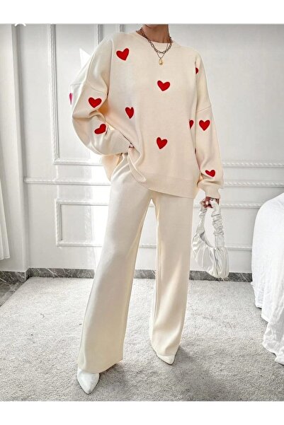 MADAM LİONESS Women's Knitwear Heart Embroidered Top and Bottom Knitwear Set