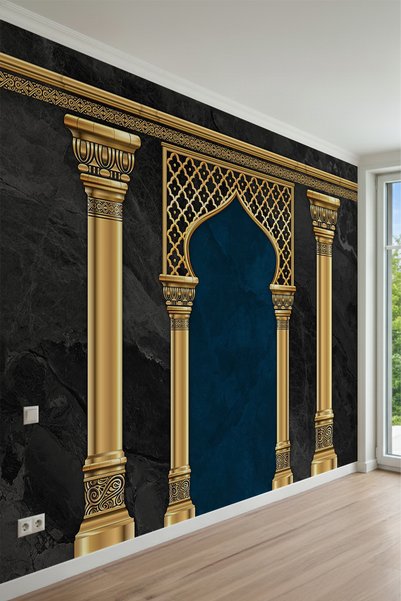 MİRAZAWALL Mermer Fon Üzerinde Altın Sütunlar, Kemerli Paneller ve Oryantal M...
