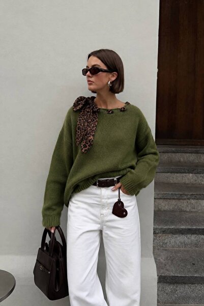 vuvutasarım Women's Knitwear Sweater with Boat Neck Scarf Detail 52116084