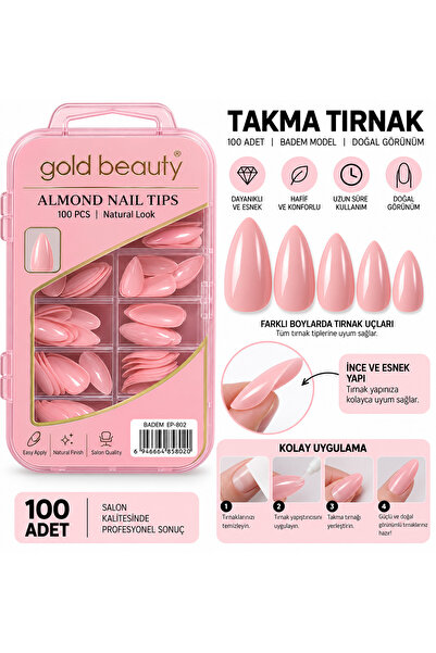 Gold Beauty 100 Adet Pembe Badem Model Takma Tırnak – Natural Look Salon Tipi...