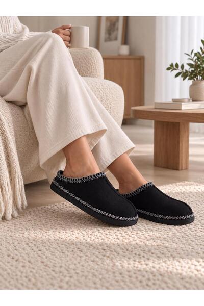 ModaMert Women's Black Thick Sole Fur-Lined House Slippers Home Shoes (Narrow Fit)