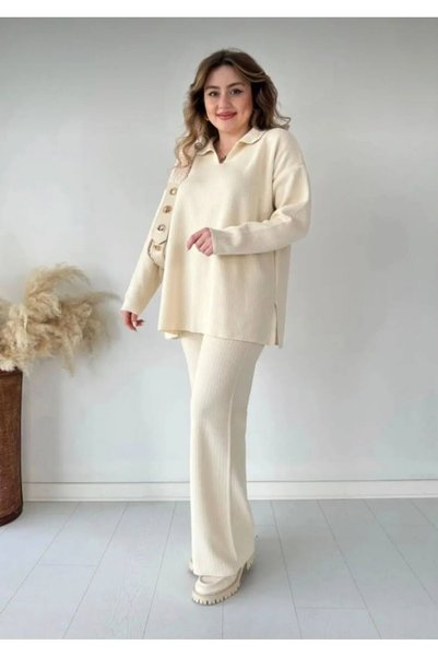 BertoNelly Women's Knitwear Set Polo Collar Detailed Sweater and Pants