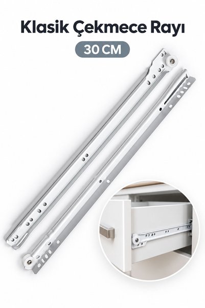 Badem10 Klasik Çekmece Rayı 30 CM 1 Takım Metal Ray Seti Pratik Montajlı Çekm...