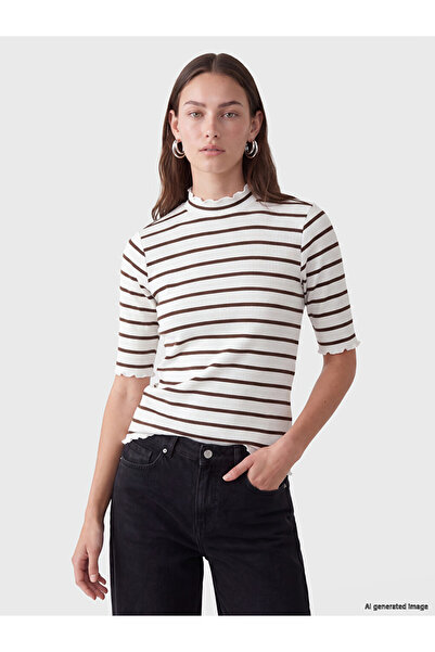 LC Waikiki Vizyon New Season Brown Turtleneck Striped Women's T-Shirt