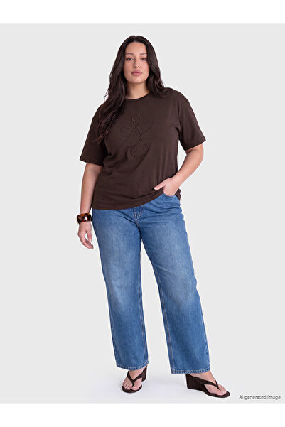 LC Waikiki Lcw Curve Brown Large Size Embroidered 100% Cotton Women's T-Shirt