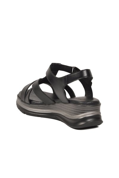 Voyager Sandale de damă din piele naturală neagră, cu bandă reglabilă cu arici, talpă groasă, moale și confortabilă Z598
