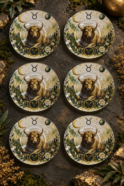 Ahenk Ev&Sofra Set of 6 Glass Tea Plates – Taurus and Nature Themed – 6 Tea P...