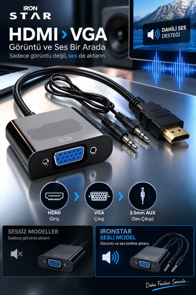 IRONSTAR HDMI to VGA sesli dönüştürücü / HDMI VGA çevirici / HDMI VGA adaptör...