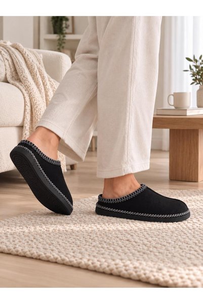 ModaMert Women's Black Thick Sole Fur-Lined House Slippers Home Shoes (Narrow Fit)