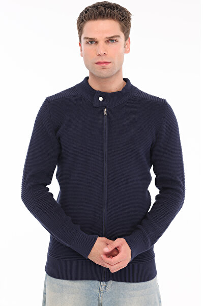 Trist Star Navy Blue Men's 100% Cotton Ribbed Knit Full Zipper Cardigan with ...