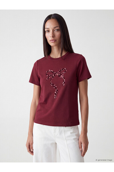 LC Waikiki Lcw Everyday Burgundy Bowknot Sequined Soft Touch Women's T-Shirt