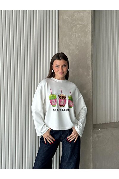 Trend Paris Women's Crew Neck Wide Sleeve Patterned Flowy Blouse Coffee