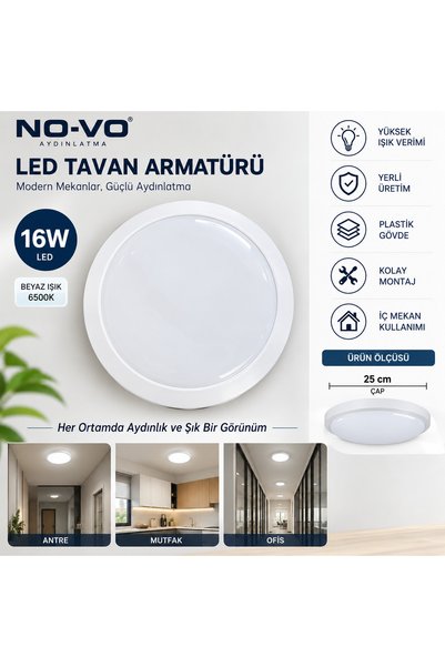 No-vo 16W LED Tavan Armatürü 25 cm Beyaz Kasa 6500K Beyaz Işık Plastik Gövde ...