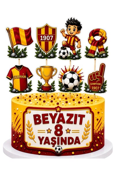 telaşe memuru İSİMLİ - Sarı Kırmızı Taraftar Temalı Pasta Süsü Çubuklu ve Şek...