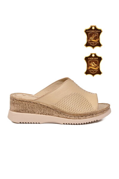 Voyager Beige Anatomical Soft Sole Genuine Leather Women's Wedge Heeled Slipp...