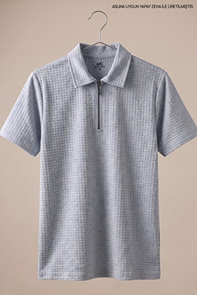 Maccali Blue Men's Waffle Textured Zippered Polo Collar T-Shirt