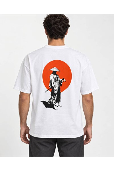 CANMODA Λευκό ανδρικό μπλουζάκι με στάμπα Japanese Warrior σε μεγάλο μέγεθος