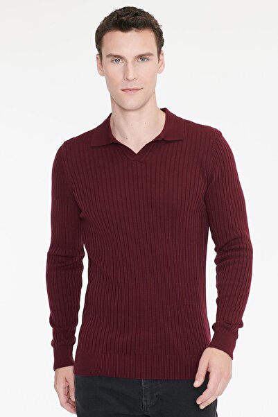 AC&Co / Altınyıldız Classics Erkek Bordo Standart Fit Normal Kesim Polo Yaka Jakarlı Triko Kazak