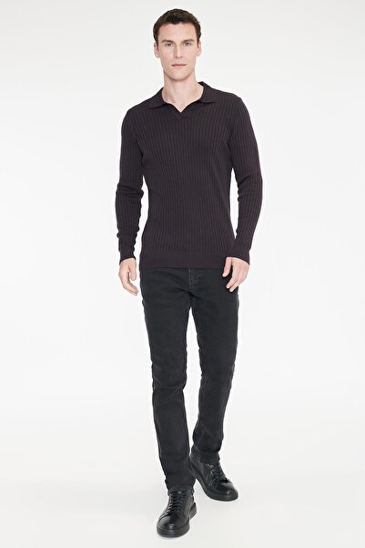 AC&Co / Altınyıldız Classics Erkek Kahverengi Standart Fit Normal Kesim Polo Yaka Jakarlı Triko Kazak