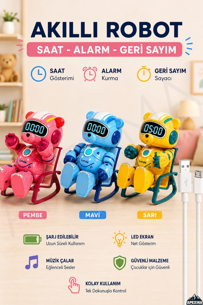 Apexma Oyuncak Dokunmatik Işıklı Sesli Alarm Özellikli Akıllı Robot Ayı Çalar...