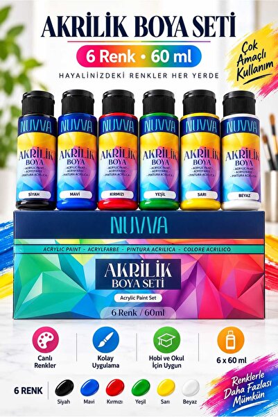 NUVVA Akrilik Boya 60 ml 6 renk Seramik taş tuval resim boyası seti Acrylic P...