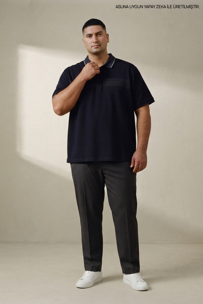 Maccali Navy Blue Large Size Men's Striped Polo Collar T-Shirt
