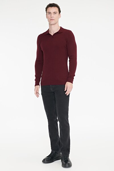 AC&Co / Altınyıldız Classics Erkek Bordo Standart Fit Normal Kesim Polo Yaka Jakarlı Triko Kazak
