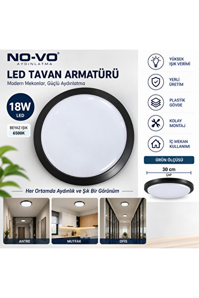 No-vo 18W Slim LED Glob Tavan Armatürü 30 cm Siyah Kasa 6500K Beyaz Işık Plas...