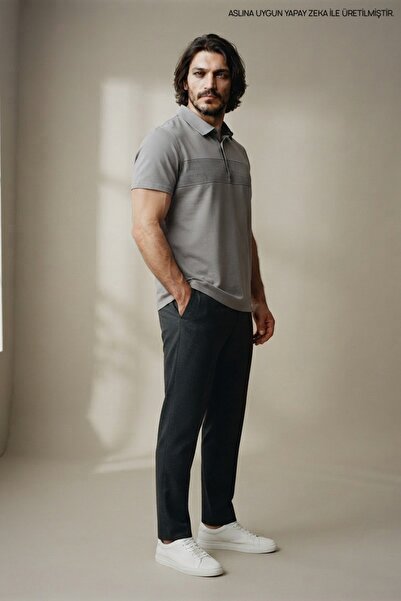 Maccali Gray Plus Size Men's Woven Tape Polo Collar T-Shirt
