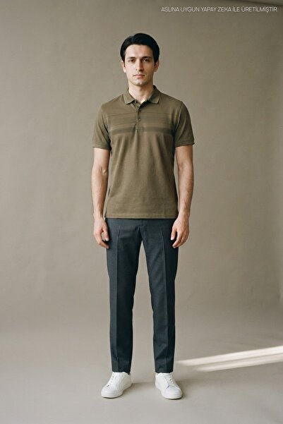 Maccali Khaki Men's Chest-Banded Knitwear Polo Collar T-Shirt