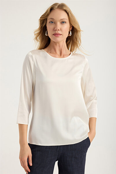 HomeStore Satin Round Neck Buttoned Blouse
