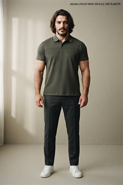 Maccali Khaki Plus Size Men's Woven Tape Polo Collar T-Shirt