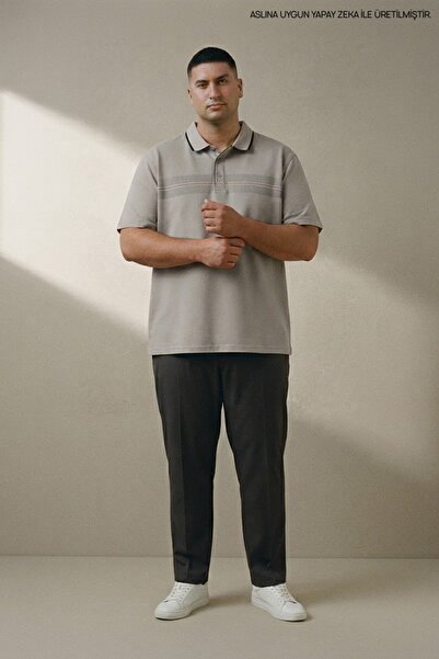 Maccali Gray Plus Size Men's Striped Polo Collar T-Shirt