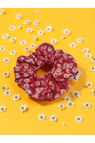 Pirene Daisy Red Scrunchie Red Daisy Patterned Handmade Fabric Hair Tie