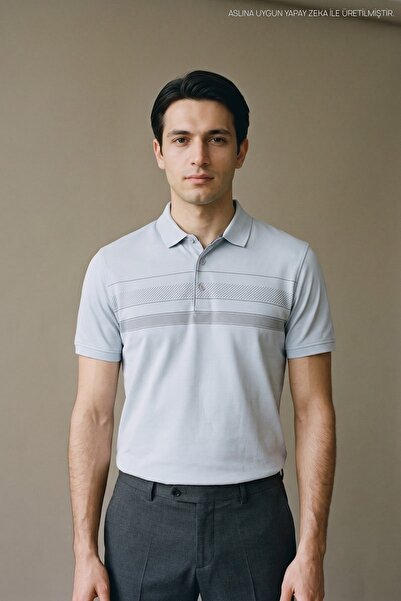 Maccali Baby Blue Men's Chest-Banded Knitwear Polo Neck T-Shirt
