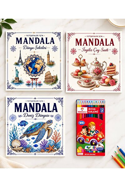 YLDZ Yetişkinler İçin Mandala Boyama Kitabı Seti 3 Kitap + 12 Renk Kuru Boya ...