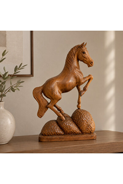 hediyeconcepti Dekoratif Ahşap Şaha Kalkan At Figürü Heykel Biblo Ev Ofis Salon Dekorasyonu 60 cm
