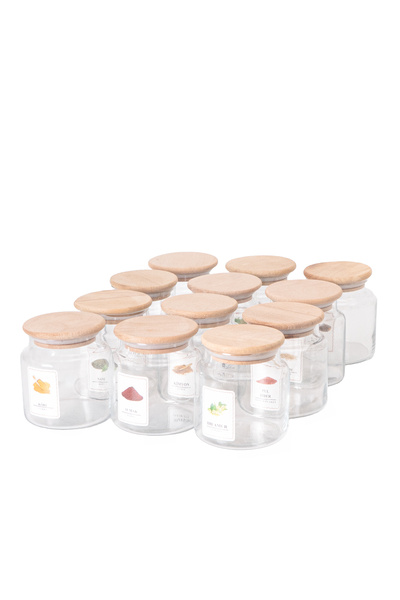 Homekolik Set of 12 600 ml Labeled Glass Spice Jars |   Vacuum Spice Storage Set with Wooden Lid |   Kitchen Organizer