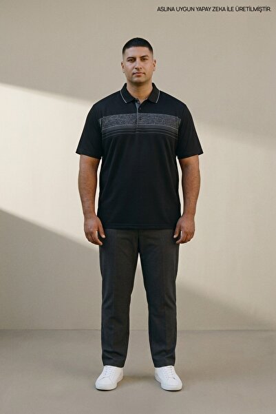 Maccali Black Plus Size Men's Textured Banded Polo Collar T-Shirt