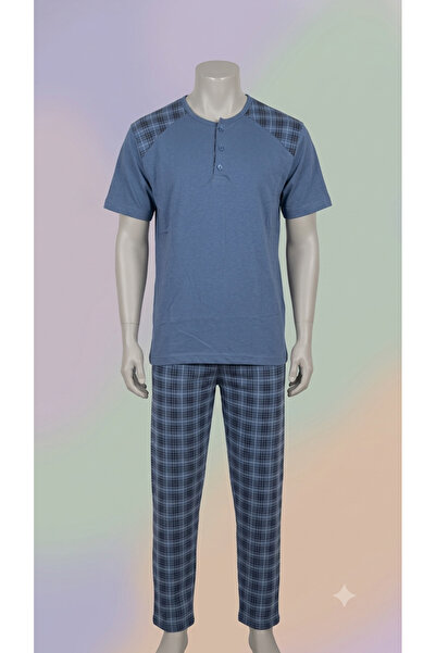 İkom Lacivert ve Gri Kareli Pijama Alt Pamuklu Kısakollu Pijama Takımı