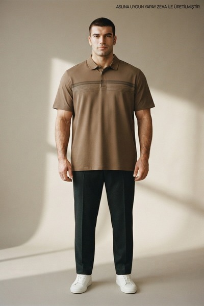 Maccali Coffee Plus Size Men's Printed Banded Polo Collar T-Shirt
