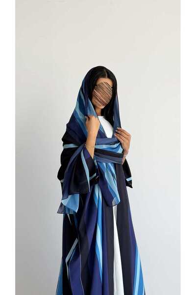 AYA MWT2093 - عباية مقلم ازرق | Blue Striped Print Abaya