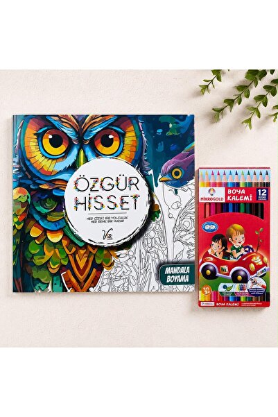 YLDZ Yetişkinler İçin Mandala Boyama Kitabı Ve Hediye 12 Renk Kuru Boya Kalem...