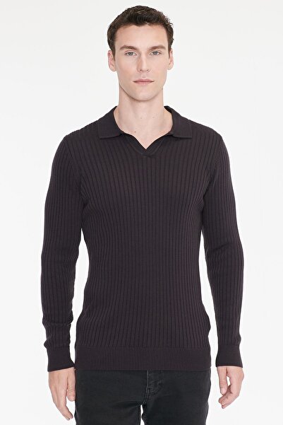AC&Co / Altınyıldız Classics Erkek Kahverengi Standart Fit Normal Kesim Polo Yaka Jakarlı Triko Kazak