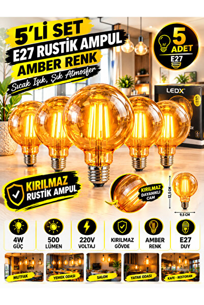 LEDX 5 ADET AMBER Rustik Balon Ampul E27 - Kırılmaz AMPUL 4W Sıcak Amber Işık...
