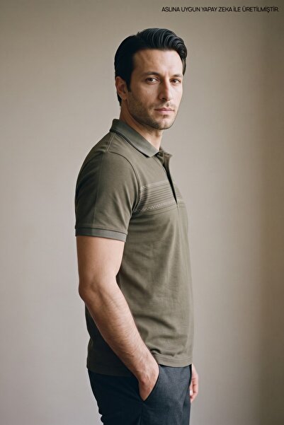 Maccali Khaki Men's Pique Polo Neck T-Shirt with Chest Band