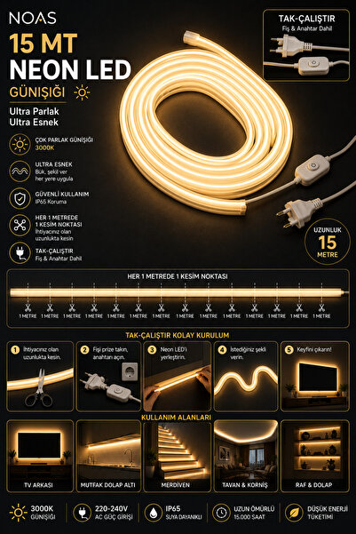 Noas Led NOAS YL42-0002 Neon LED 3200K Gün Işığı 220V 15 Metre Kablolu Fişli ...