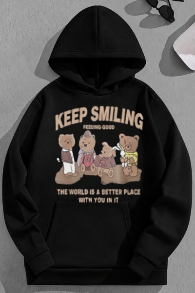 K KOZZ STYLE Unisex 3-κλωνο βαμβακερό μαύρο φούτερ με στάμπα KeepSmiling με κ...