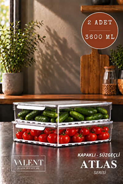 VALENT Atlas 2'li 3600ML Süzgeçli Kapaklı Saklama Kabı Buzdolabı Düzenleyici ...
