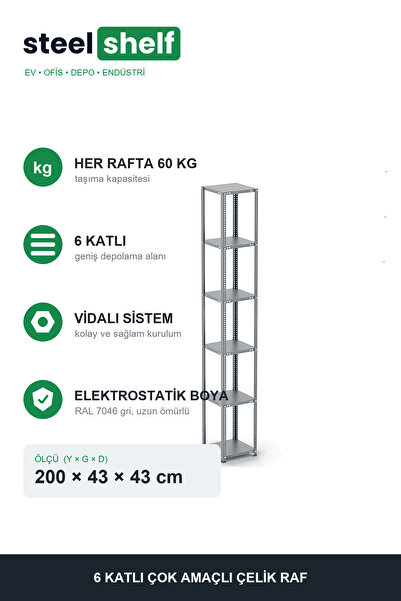 6 Katlı Galvaniz Çelik Raf - Depo Arşiv Kiler Ofis Market Rafı 43x43x200 cm Metal Raf